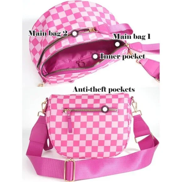 Women Rose Imported Polyester Checkered Crossbody Fanny Packs Belt Bum Bag - Picture 4 of 6
